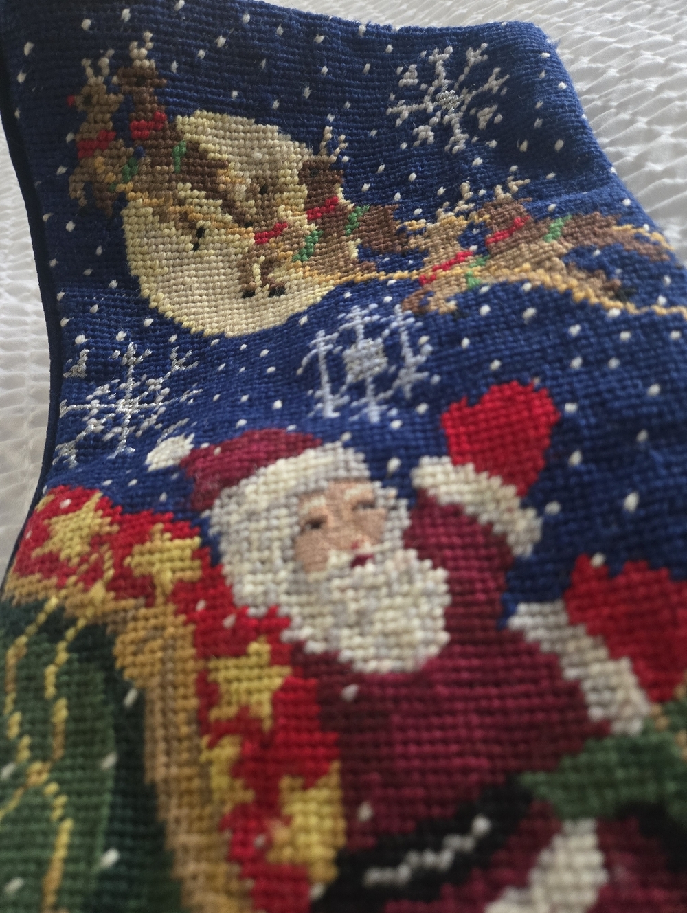 Vintage Needlepoint Christmas Stocking santa and reindeer christmas eve delivery - Picture 10 of 10